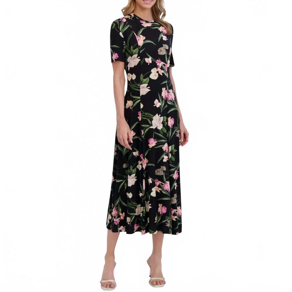 NEW TED BAKER print jersey midi dress in black / multicolor floral